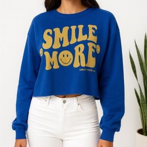 Smiley World Crewneck Sz Sm Women's Sweatshirt Blue Yellow Boho Workout Gym Dren